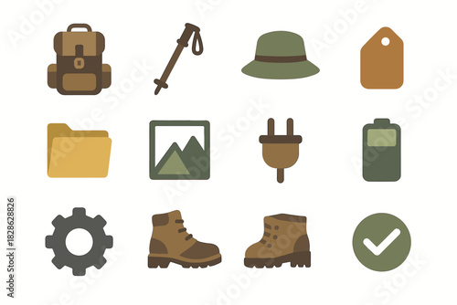 Gear pole backpack hat plug hiking vector icons chart checkmark icon trekking