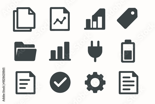 Vector stacked checkmark page bar gear chart papers icon tag minimal modern