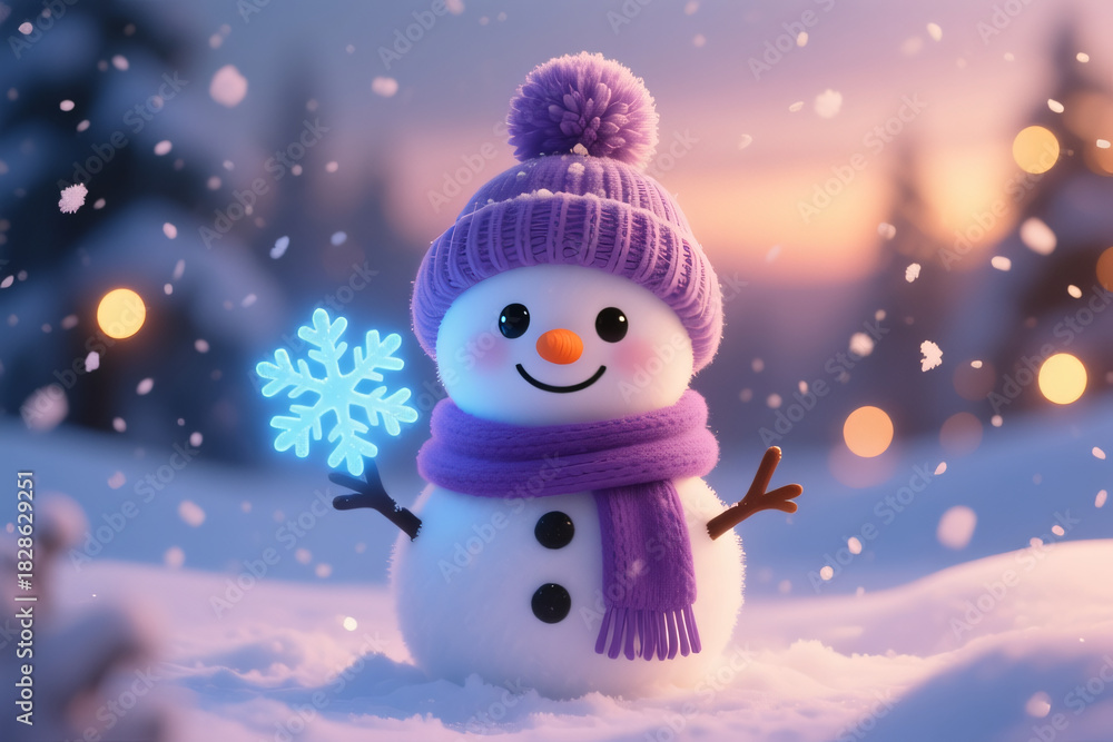 Fototapeta premium Cartoon snowman in winter landscape with blue scarf, carrot nose, and hat for Christmas holiday card illustration