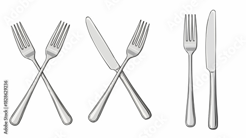 Illustration showing two crossed forks, a crossed fork and knife, and a fork and knife side by side design