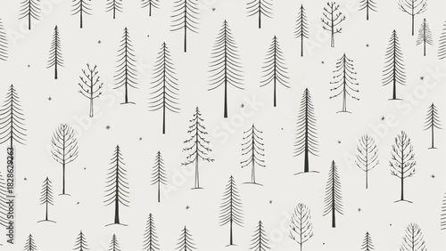 Seamless pattern featuring stylized pine trees and bare trees on a light background in simple line art