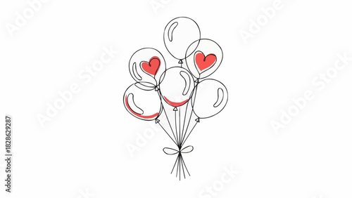 Hand drawn illustration of a bunch of balloons with some heart details in a minimalist style art