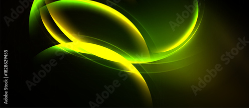 Abstract design features flowing green, yellow curves. Dark background emphasizes bright, dynamic shapes. Modern aesthetic.