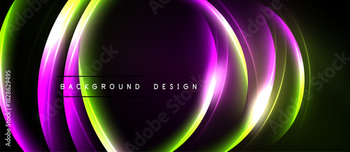 Abstract glowing lines create dynamic purple, green, yellow wave pattern. Dark background emphasizes vibrant color gradients. Modern design element.