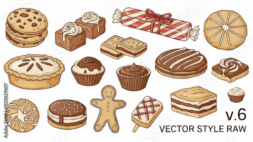 Assortment of baked goods including cookies brownies cupcakes pie and a gingerbread man illustration