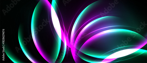 Abstract glowing shapes overlap, creating vibrant light effects. Dark background emphasizes luminosity, modern design.
