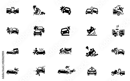 Car Accident Icon Collection, Solid Black Crash, Damage, Insurance, and Safety Symbols Vector Set