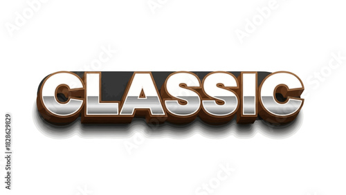 The word classic rendered in a bold 3D metallic style with chrome and bronze effects. Retro typography with a drop shadow, isolated on a white background for design elements