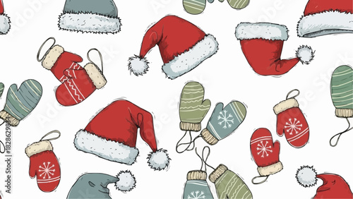 Festive pattern featuring santa hats and mittens scattered across a white background design element