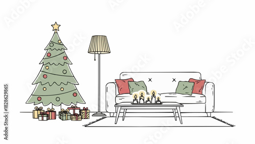 Christmas tree with gifts and star near sofa with pillows and candles in a cozy living room scene