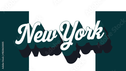 New York typographic graphic design, a retro-inspired stylized text illustration with a bold outline and shadow effect on a striped background