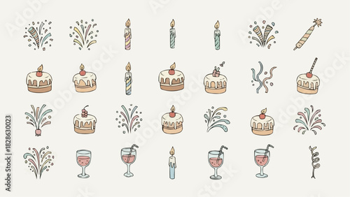 Collection of celebratory elements including cakes candles fireworks and drinks on light background