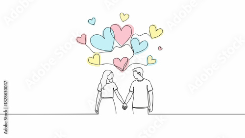 Continuous line drawing of a couple holding hands with colorful hearts floating above their heads art