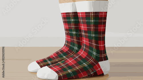 Red and green plaid socks with white cuffs on wooden floor  