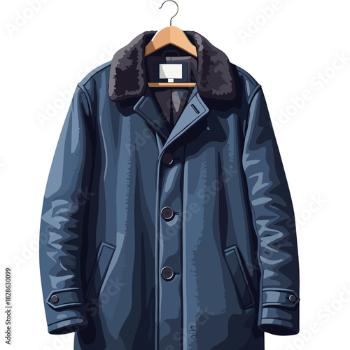 Winter coat hanging on a wooden hanger in dark blue color  