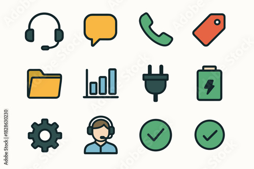 Folder battery agent support gear call icon phone checkmark vector plug center