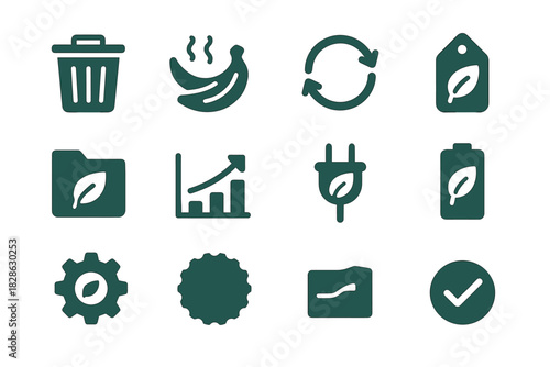 Chart icon battery sustainable bottle waste vector gear bin trash tag icons