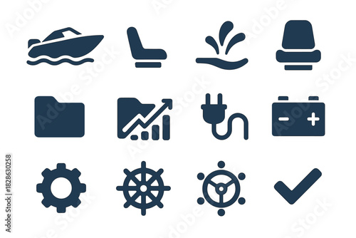 Vector speedboat rudder motorboat fast tag collection wave icon seat battery plug