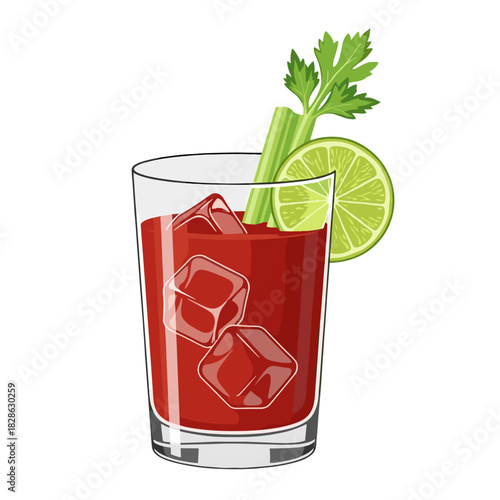 Glass of tomato juice with ice, celery, and lime garnish  