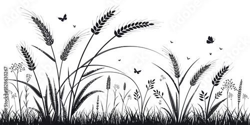 A monochrome illustration of wheat and grass with butterflies and birds in the air