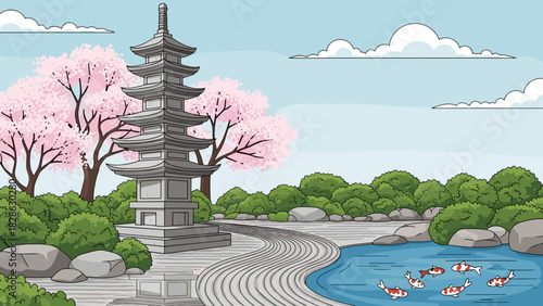 Stone pagoda in garden with cherry blossoms and koi pond  