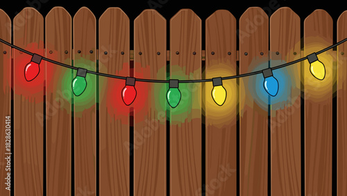 Holiday lights on wooden fence at night with colorful bulbs  