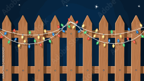 Holiday lights on wooden fence with night sky background  