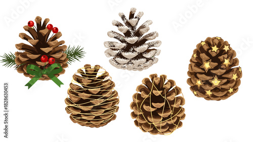 Decorated pinecones in various styles for holiday decoration  