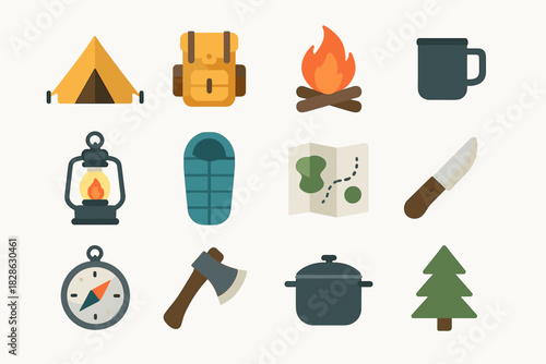 Vector pot camping icon mug tree axe backpack compass set knife pine