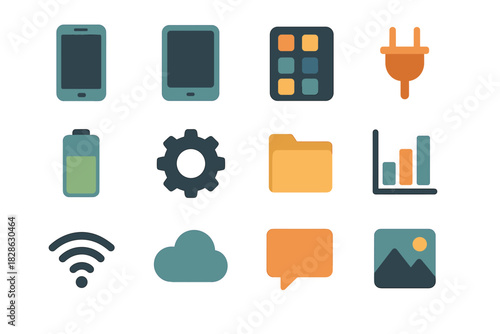 Chart gear plug wifi icon smartphone minimal vector message tech tablet folder
