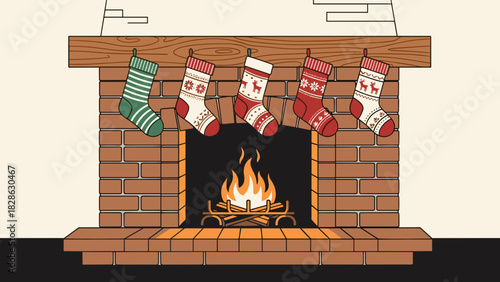 Christmas socks hanging on mantel above a cozy fireplace  