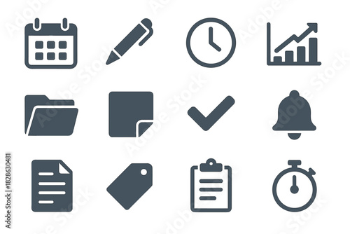 Folder set icon checkmark pen tag office bell wall chart vector timer