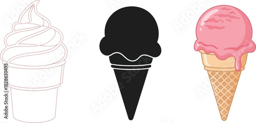Ice cream cone vector set includes outline silhouette and color versions perfect for summer themed designs and menus