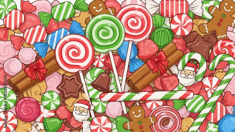 Fototapeta premium A colorful assortment of christmas candies and gingerbread men in a festive holiday arrangement view