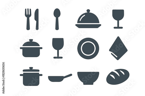 Minimalist pot bread bowl napkin plate pan tray vector fork icons food