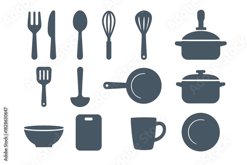 Icons knife icon board kitchen bowl whisk pot ladle pan minimalist vector