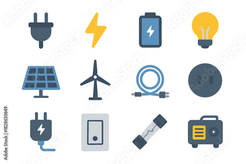 Plug charger energy battery lightning solar vector bulb fuse set generator icon
