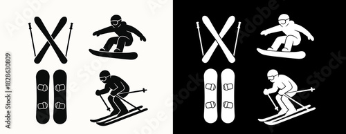 Ski and Snowboard Silhouette Icons Set