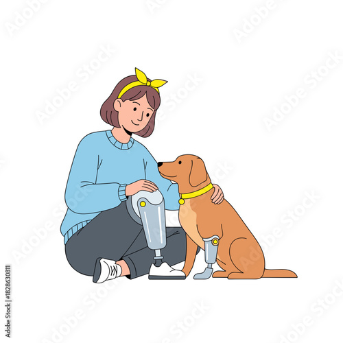 Disabled woman with prosthetic leg sitting next to her dog  