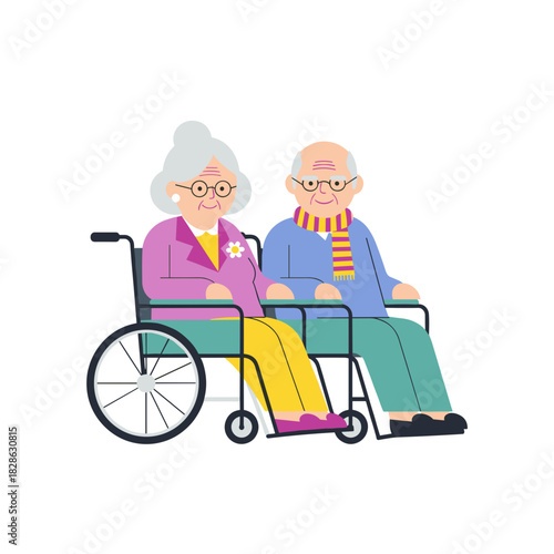Elderly couple sitting together in wheelchairs with cheerful expressions  
