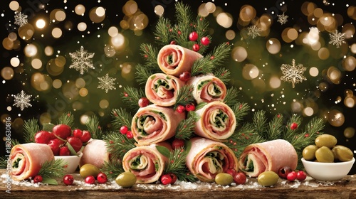 This Christmas tree appetizer made with ham, cheese, olives, and tomatoes is very delicious