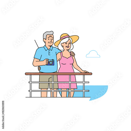 Elderly couple enjoying time together on cruise ship deck with camera  