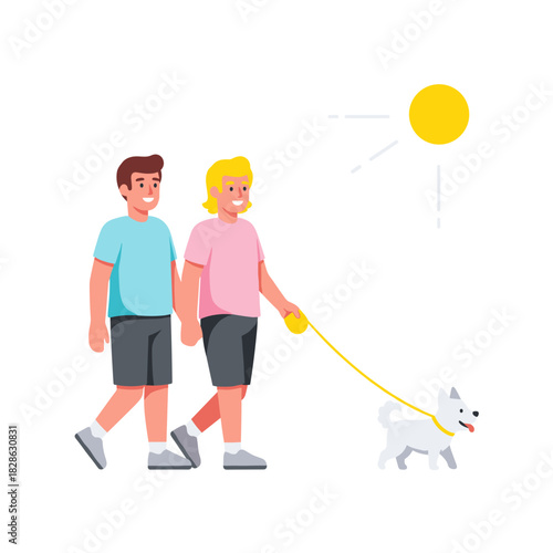 Gay couple walking dog in sunny weather during daytime  