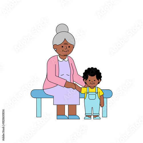 Elderly Black woman sitting on a bench with young grandson  