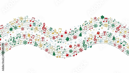 Festive christmas music notes and holiday elements on wavy lines creating a joyful atmosphere design