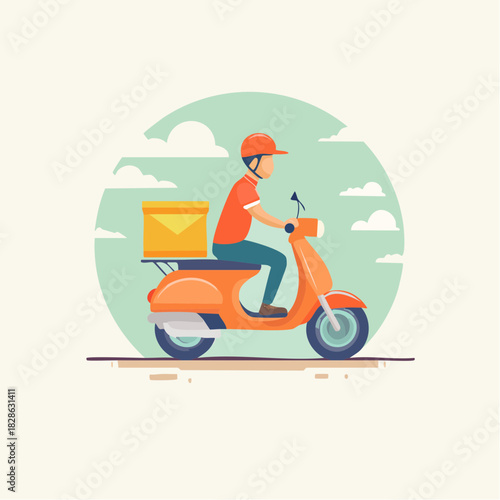 A delivery person rides an orange scooter transporting a package.