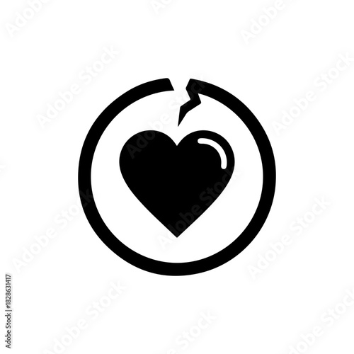 Broken heart in circle, symbol of heartbreak, loss, grief, pain, or damaged love
