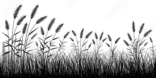 Silhouette illustration of wheat field blowing in the wind against white background