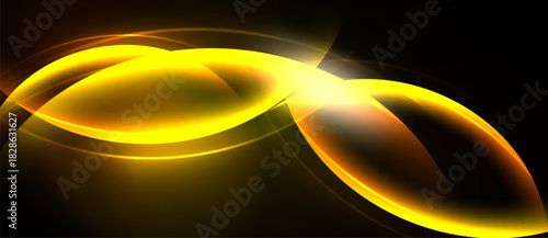 Bright yellow abstract design. Curved lines create infinity symbol effect. Dark background emphasizes glowing shapes, dynamic composition.