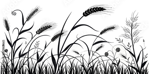 Monochrome illustration of wheat stalks and various grasses in a field silhouette style